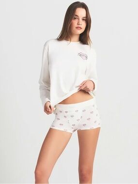 SKIMS White Long-Sleeve Pajama Top and Shorts with Pink Heart Print